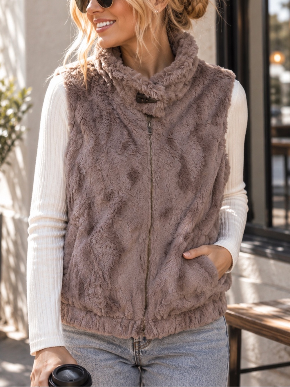 Sanctuary Faux Fur Vest Teddy Zip Front Mauve Taupe Sleeveless Jacket Medium